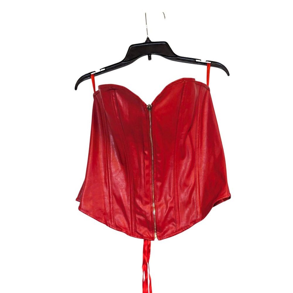 Red Vegan Leather Lace-Up Corset Top With Front Zipper Closure